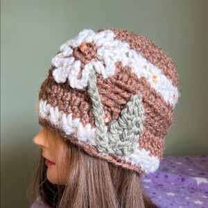Chic Brown Crochet Flower beanie medium soft acrylic blend